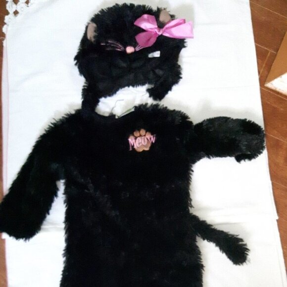 HALLOWEEN COSTUME black cat TWO piece Plush jumpsuit hat cat ears pink bow Baby - Picture 2 of 5